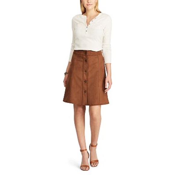 CHAPS Skirt Faux-Suede Classic A-Line Button Front Brown Size 12 - Picture 4 of 4